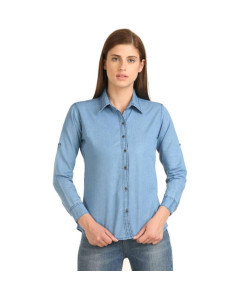 Womens Denim Solid Casual Collared Neck Shirt Fabric Denim